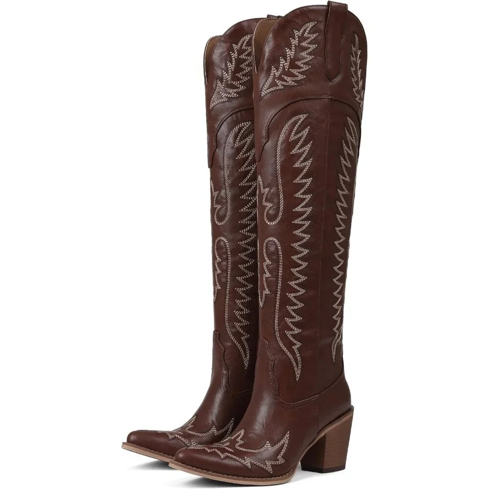 Women Over The Knee Western Boots Classic Embroidered Chunky Heel Slip On Brown